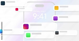 App notification banner pop up one by one, Messages filling the entire iphone screen. Social media alert UI motion graphic. ios mobile text bubble animation 4K Stock Video