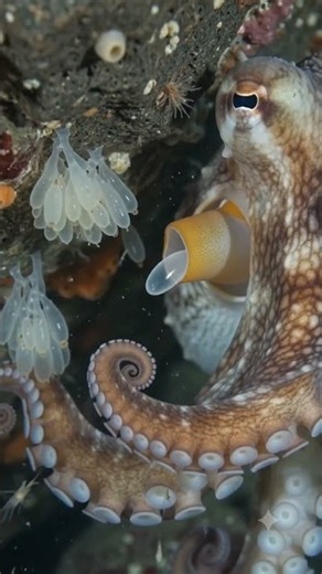Octopus laying eggs in cave