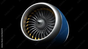 Animation jet engine, close-up view jet engine blades. Jet engine isolated on black background. Animation of rotating blades of the turbojet. Part of the airplane. Loop able, seamless 4k animation