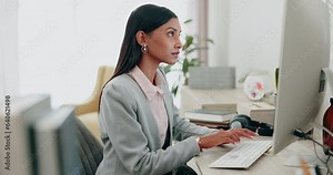 Business, woman and typing report on computer, keyboard or email communication in public relations and digital marketing. Corporate, employee and working on social media or writing a post on website