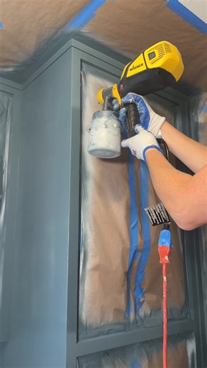 Painting your cabinets with a paint sprayer is so easy! And it gives a PRO finish! Check out the whole tutorial on my YouTube channel. | Maker Gray