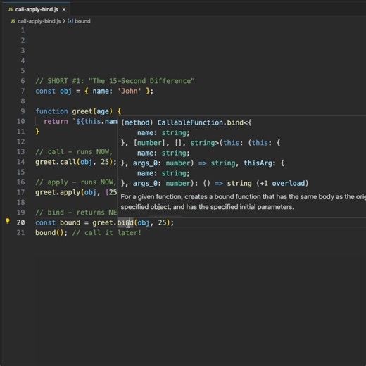 Call vs Apply vs Bind in 30 seconds! 🚀 The key difference: ✅ call() - Runs immediately, individual args ✅ apply() - Runs immediately, array of args ✅ bind() - Returns NEW function for later Which one do you use most? 👇 Full tutorial on my channel! 🔗 #JavaScript #WebDev #Coding #Programming #LearnToCode #DevTips #JSShorts #CodeNewbie #100DaysOfCode | Fullstack Flow
