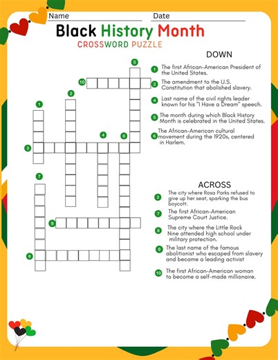 Black History Month Crossword Puzzle | Educational Activity (digital Download) - Etsy