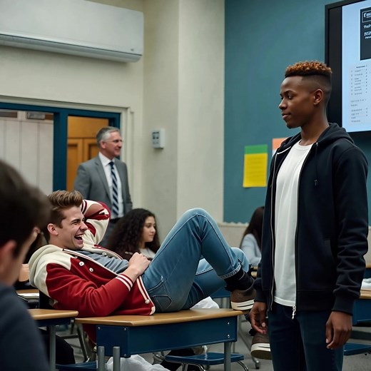 A student refuses to give up his desk to a black classmate and immediately pays the price…😱 Thomas Black’s voice cut through the morning noise, sharp like broken glass on tile. He was slouched over Kofi Diallo's desk, one leg casually draped over the chair, the other tapping the wood as if claiming his territory. A few students stifled a laugh, and one of them pulled out their phone. Kofi stopped at the doorway, his hood half-raised, hands in his pockets. He remained silent. His gaze swept over