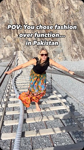 I crossed the Hussaini Suspension Bridge in northern Pakistan… in a skirt. It’s known as one of the sketchiest bridges in the world—and yes, it moves while you walk. Wobbly planks, giant gaps, and wind in your face the whole way. And the best part…. You ZIPLINE back across the valley! #Pakistan #SoloTravel #ZipLine #Tourism #SuspensionBridge #Influencer #PakistanTravel #WomenTravelers #GroupTravel #AdventureTravel I crossed the Hussaini Suspension Bridge in northern Pakistan… in a skirt. It’s kn