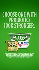 There's yoghurt, and then there's Activia which has probiotics 100x stronger^. Raise a spoon to better* gut health! ^Activia contains Bifidobacterium lactis CNCM I-2494. 5.6bn CFU when manufactured, with 1.6bn after stomach acid based on 160 g serve size (CFU values vary depending on serve size). Compared to lactobacillus delbrueckii bulgaricus culture found in most regular yoghurt without added probiotics. *Gut health is better with Activia because Activia helps improve digestive comfort when 2