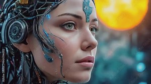 AI concept: robot portrait with female human face and visible data streams