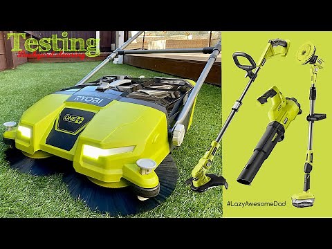 RYOBI 18v ONE+ motorised sweeper scrubber & trimmer on synthetic grass review & test - R18SW3-0