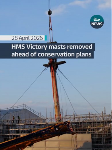 The three masts of HMS Victory are being removed in a huge operation to allow conservation work to be carried out. The work began at the naval dockyard in Portsmouth - overnight - with one mast taken down each evening - by a specialist team and a 750 tonne crane. It’s the first time Nelson’s flagship has undergone repairs that involve removing all of her masts at once - for well over a century. #itvnews #hmsvictory