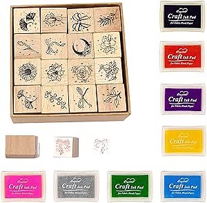 of 24 Pcs Rubber Stamp and Craft Ink Set 16 Pcs Wooden Rubber Stamps 8 Pcs Ink Pad for Craft DIY Card and Scrapbooking