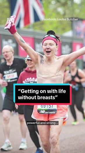 Louise Butcher is the first topless woman to run the 42-kilometre event in London. #BreastCancerAwareness #BreastCancer #MarathonRunner #LondonMarathon