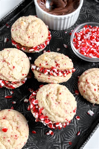 Peppermint Hot Cocoa Sandwich Cookies Cookies 1 pouch Betty Crocker™ Limited Edition Soft Baked Peppermint Sugar Cookie Mix 1/2 cup unsalted butter, melted 2 large eggs, left at room temperature for 20 to 30 minutes Filling 1 tub (16 oz) Betty Crocker™ Rich & Creamy Milk Chocolate Frosting 1/4 cup marshmallow creme 1/2 cup finely crushed candy canes See the full recipe: https://bit.ly/48dix44 | Betty Crocker