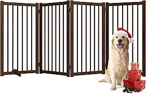 36" H Freestanding Pet Gate, Solid Wood Foldable Dog Gate with Support Feet, Wooden Tall Dog Gate for Doorway, Stairs & Indoor Use, 60" Wide Expandable Pet Fence, 4 Panels, Walnut