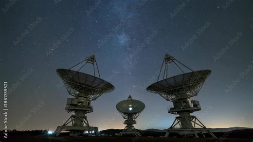 Radiotelescope array reaches sky beneath sparkling stars capturing quiet scientific exploration and cosmic observation at night horizon scene