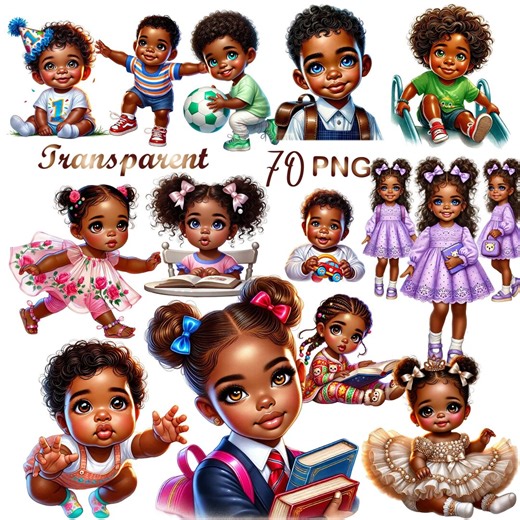 70 PNG Beautiful Black Kids Clipart Bundle | African American Boys & Girls Watercolor Illustrations | Cute Baby to School,toddler,preschool - Etsy