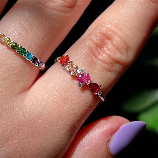 Lesbian Cluster Band, Cluster Lesbian Ring, Genuine 4 Stone Gemstone Ring With Teardrops and Ovals, Unique LGBTQ  Band, Pride Accessories - Etsy