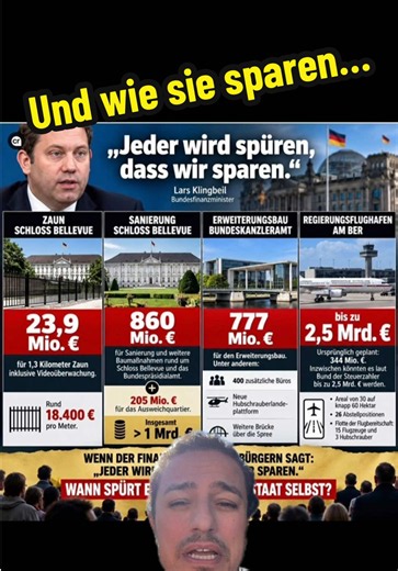 „Jeder wird spüren, dass wir sparen.“ Wirklich jeder? 🤡 Während bei Rente, Pflege und Sozialstaat gespart werden soll, kosten Zaun, Kanzleramt und Regierungsflughafen Milliarden. Die Frage ist längst nicht mehr, ob gespart wird – sondern bei wem. 💸🇩🇪 #Sparen #Klingbeil #Bundesregierung #Steuergeld #Schwarzbuch