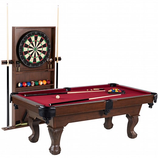 7.5 ft Billiard Pool Table with Cue Rack, Dartboard, and Game Accessories, Burgundy, by Barrington Billiards