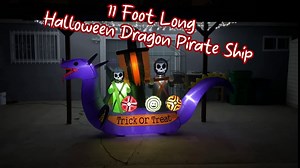 TWO HALLOWEEN PARTY DECORATIONS BUNDLE, Includes 7 Foot Long Inflatable Pirate Ship Skeletons Crew Skull, and 11 Foot Long Inflatable Dragon Pirate Ship Skeletons Scene Bat Ghosts Blowup with Lights