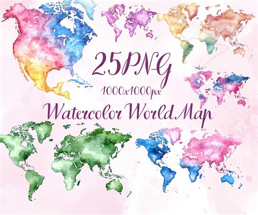 Watercolor World Map Clipart PNG, 25 Global Maps, Travel & Geography Clip Art, Transparent Background, Printable Digital - Etsy