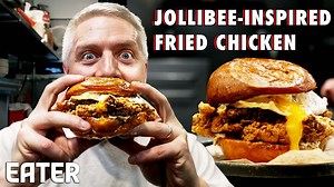 55K views · 522 reactions | Brent Young meets up with chef Eric Valdez at Naks, a popular Filipino restaurant in NYC. Valdez grew up in Manila, and brings traditional family dishes to the New York dining scene. In the kitchen, he makes a Kanto Fried Chicken sandwich, inspired by the chain restaurant Jollibee, as well as crispy lechon that takes 48 hours to prepare, and kare-kare with braised beef cheeks. | Eater | Facebook