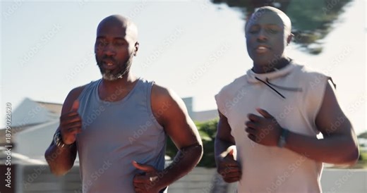 Black men, practice and run for workout, exercise and fitness for health and wellness. Athlete, coach and cardio with New York nature park, sport and marathon training for body motion and muscle