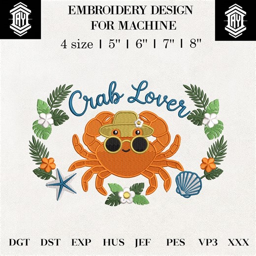 Crab Lover Embroidery Design, Cute Coastal Crab, Beach Ocean Animal, Summer Nautical Embroidery File, Sea Life Stitch Art - Etsy