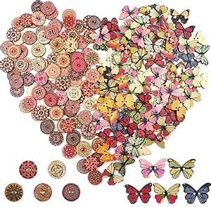 200 PCS Round and Butterfly Wooden Flower Buttons, lyfLux Wooden Buttons 2 Holes for DIY Clothing Accessories Sewing Craft