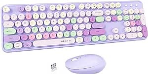 UBOTIE Colorful Computer Wireless Keyboard Mouse Combos, Typewriter Flexible Keys Office Full-Sized Keyboard, 2.4GHz Dropout-Free Connection and Optical Mouse (Purple-Colorful)