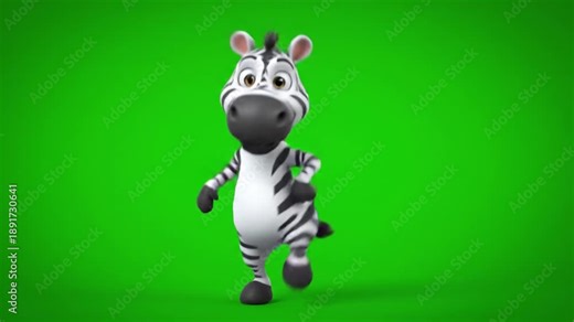 Animated cartoon zebra character walking on green screen background in 3D animation video