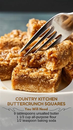 Country Kitchen Buttercrunch Squares Ingredients: - 9 tablespoons unsalted butter - 1 1/3 cup all-purpose flour - 1/2 teaspoon baking soda - 3/4 teaspoon salt - 1/2 cup light brown sugar - 1/3 cup white sugar - 1 large egg - 1 teaspoon vanilla extract - 3/4 cup toffee bits - Pinch of flaky salt or sea salt for topping Directions: 1. Melt the butter in a skillet over low to medium heat. Once melted and crackling, begin stirring. 2. Cook and stir until the butter develops a nutty aroma and turns l