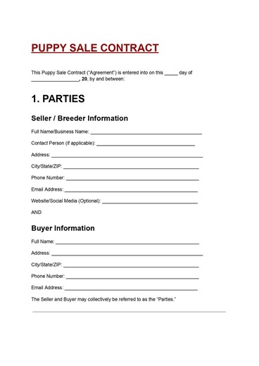 Puppy Sale Contract Template, Dog Breeder Agreement, Puppy Purchase Contract, Pet Sales Form, Editable PDF Download - Etsy