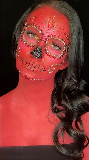 Red Gold Rhinestone Sugar Skull Halloween Makeup Tutorial