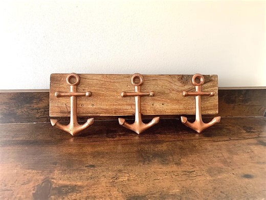 Vintage Anchor Coat Rack | Copper Gilt Metal Wood Wall Hooks Coastal Nursery Decor Cottage Entryway Seaside Bathroom - Etsy