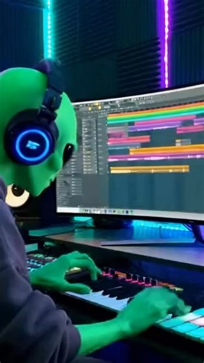 541Nx on Instagram: "The video shows an alien sitting in a neon-lit home studio, locked in while making a beat on a MIDI keyboard and drum pads. Wearing headphones and facing a wide monitor filled with colorful tracks, the alien leans into the setup like it’s a late-night studio session—focused, methodical, and fully in the zone. The glowing lights, acoustic panels, and futuristic vibe make it feel like music is being created somewhere beyond Earth. The contrast between the alien character and t