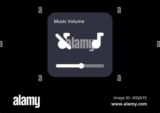 A dark music volume control UI widget displaying two musical note icons and a horizontal slider bar to adjust volume level between minimum and maximum Stock Video Footage - Alamy