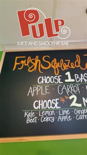 Good morning Sunshine! Stop by and try out our juice options at Pulp Juice and Smoothie Bar. Today we made a juice with an apple base and added orange, lemon, ginger, and beet! Make it your own by customizing the ingredients