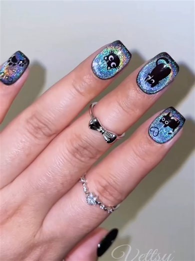 Cute Cat Nail Inspiration with Holographic Gel