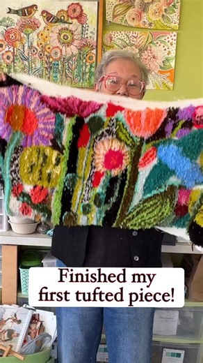 Lori Siebert on Instagram: "My first tufted piece is done!!! Now… to figure out what I want to do with it?? Rug?…. Not sure I want people walking in it? Wall piece?… in a shadow bow? Or stretched onto a panel? Wall dress?… which side do I use?? Art chair… but you can’t sit in it!! What do you think? Any other ideas?? @clawlab_official #tufting #tuftingart #tuftinggun"