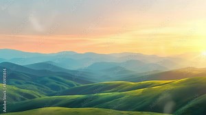 beautiful spring view in the mountains. grassy fields and rolling hills, anime style