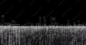 Skyscrapers transparent wireframe. Flying through in futuristic cityscape that stretches out forever. 4K 3D looped animation rendering.