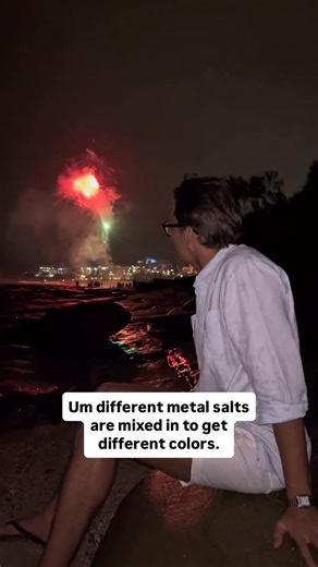 Miguel Pengel on Instagram: "Ever wondered how fireworks get their colours? 🎆 Each burst contains tiny metal salts. When they get super hot, they glow. Different metals glow different colours — red, blue, green, yellow. What makes each colour: • Red → Strontium • Orange → Calcium • Yellow → Sodium • Green → Barium • Blue → Copper • Purple → Red + blue chemicals mixed • White / Silver → Magnesium or aluminium • Gold → Iron or charcoal Tiny ingredients. Huge sky show ✨ HAPPY NEW YEAR!!! 🥳 #engin