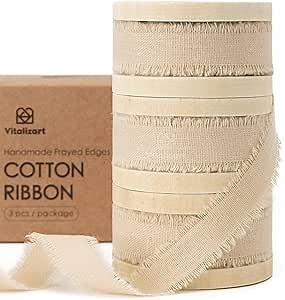 Vitalizart Nude Cotton Ribbon Handmade Fringe 5/8" x 21 Yd Light Brown Pure Natural Cotton Ribbons for Gift Wrapping Wedding Invites Bridal Shower Bouquets Holiday Decor
