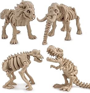 4-Pack Dinosaur & Prehistoric Animal Skeleton Toy Kit – Includes T-Rex, Mammoth, Lion & Gorilla – Poseable Jurassic Themed Decor STEM Figures, Collectible Fossil Models