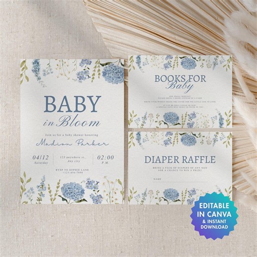 Baby in Bloom Invitation Set | Blue Floral Baby Boy Shower Bundle | Editable Canva Invite, Diaper Raffle, Books for Baby, Evite - Etsy