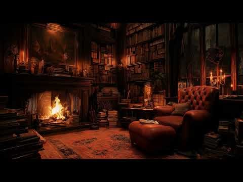 Warm Old Library Fireplace Glow with Gentle Fire Sounds for Calm Study and Restful Sleep