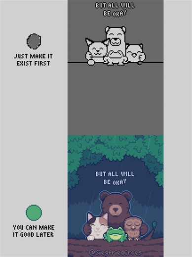 I usually only share finished work, but I thought I'd try this format and give you a glimpse at the process of making my chiptune animations 😁 I always start with a crude sketch, to figure out the composition and block out the lyrics. In case of a complex animation like this one, I also fully animate the sketch to see if it works the way I envisioned it. When it looks/feels right, I know that all that's left to do is make the graphics look good 😊 #pixelanimation #chiptune #frog #cat #rainydays