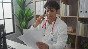 Hispanic doctor man multitasking in clinic with paper, phone call, and computer.