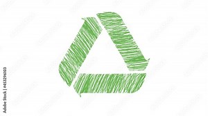 Animated universal green recycling symbol in loop with cartoon pen style isolated on white background