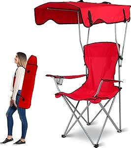 Moclever Folding Canopy Camp Chair – Heavy Duty Beach Chair with Sun Protection, Cup Holder & Padded Armrests for Outdoor Camping, Lawn, Park, Patio (Red)